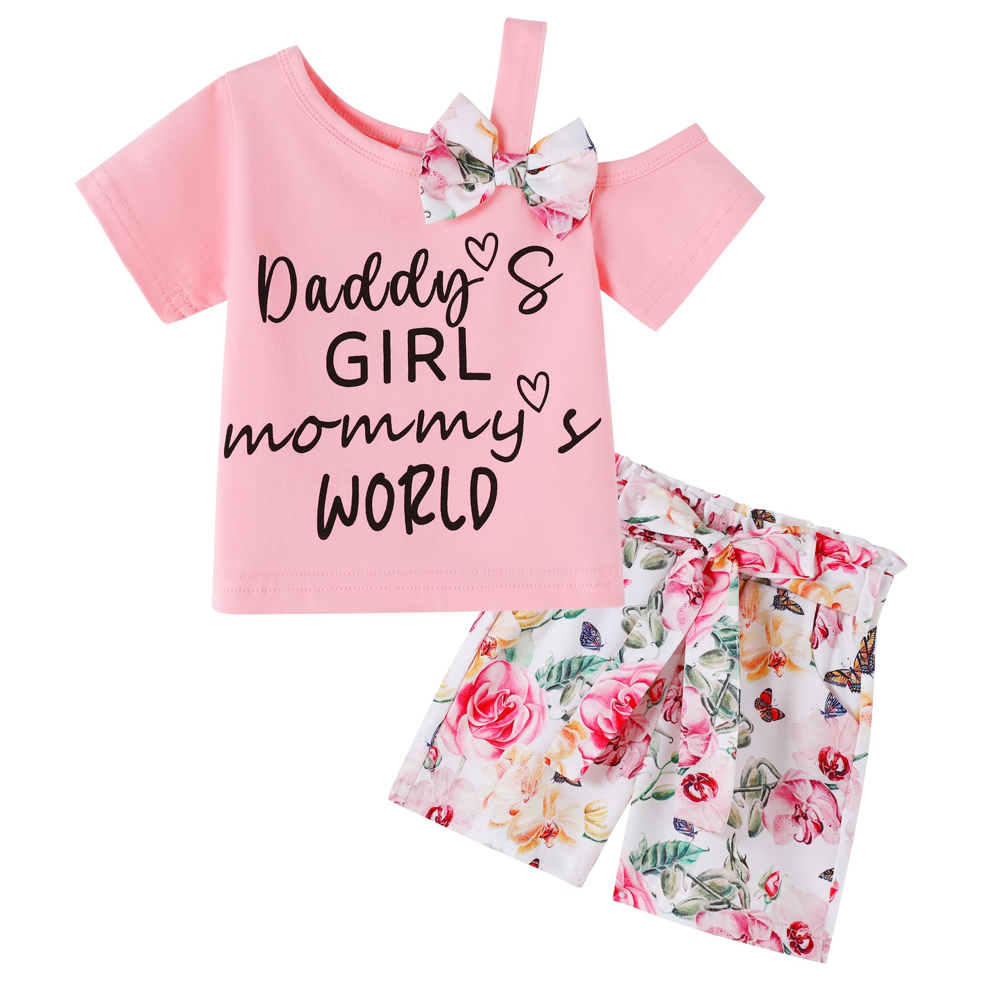 DISAUR Toddler Baby Girl Summer Clothes Set Cute Asymmetrical Bow Sleeve Top & Pocket Shorts 2 Piece Outfit Casual Clothes